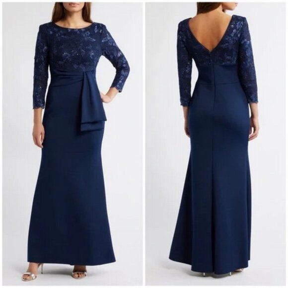 Eliza J Navy Blue Sequin Lace Bodice Trumpet Gown - Picture 1 of 3